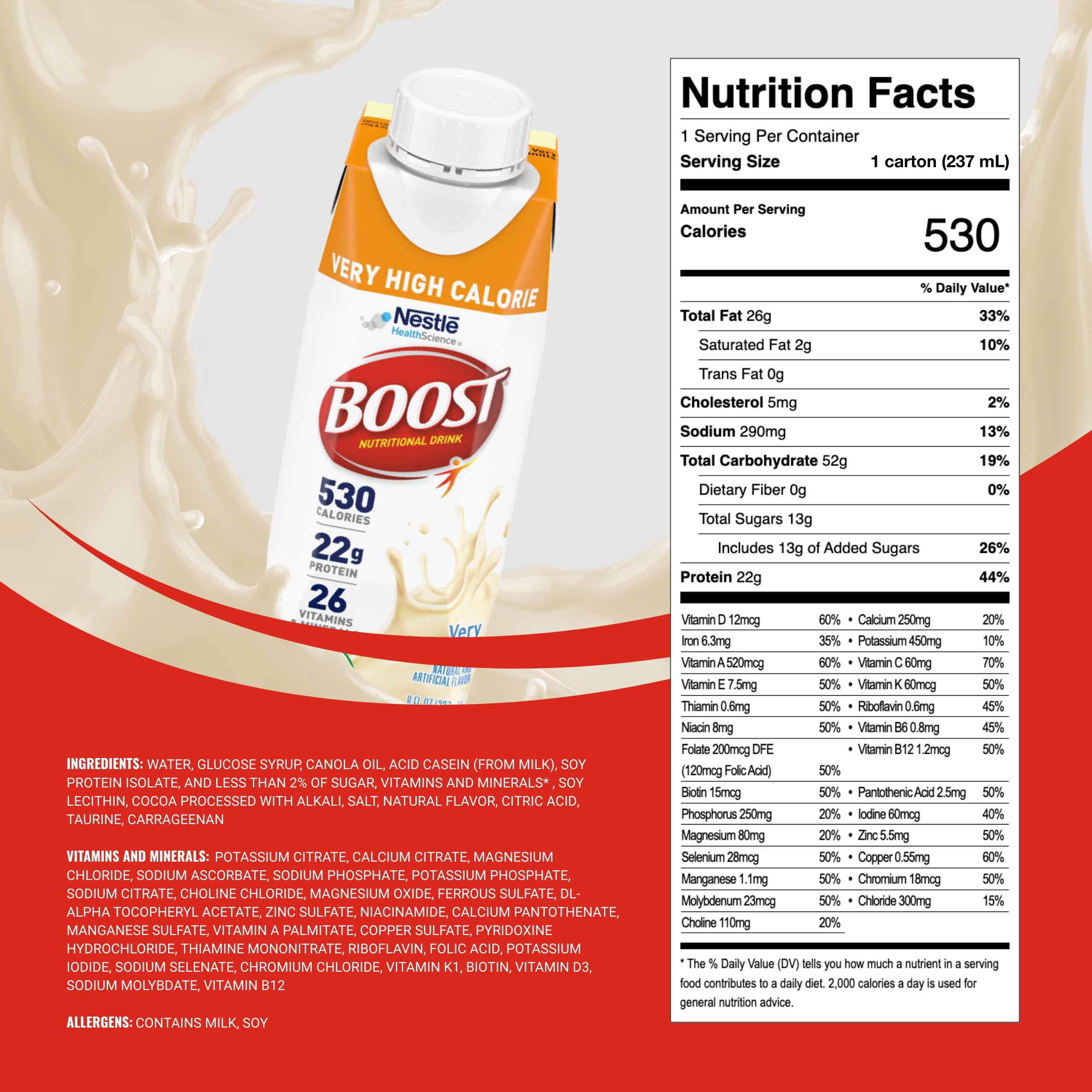 BOOST Very High Calorie Vanilla bottle side shows 22 g protein per serving for muscle-friendly fuel