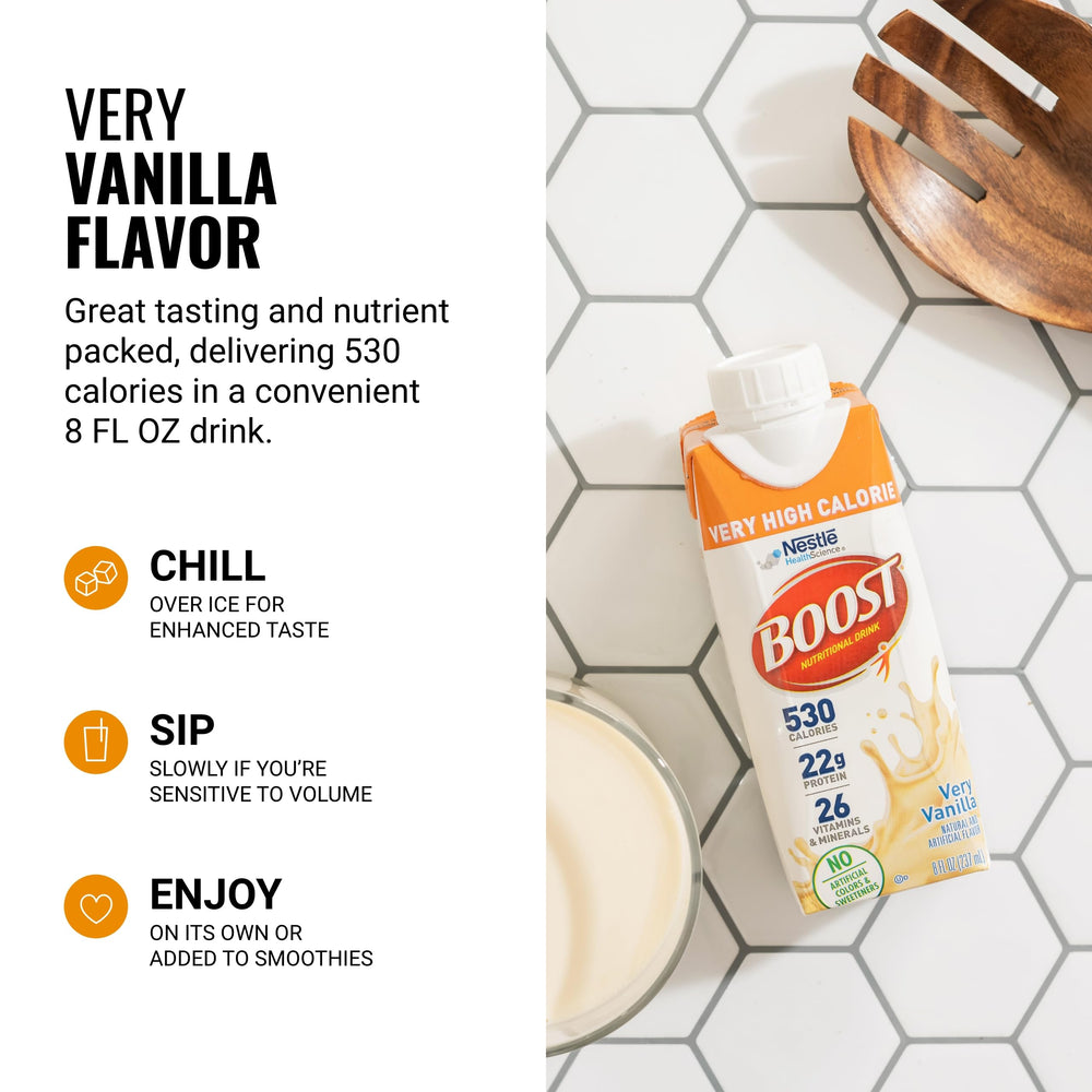 BOOST Very High Calorie Vanilla cup with straw suggests easy on-the-go fueling