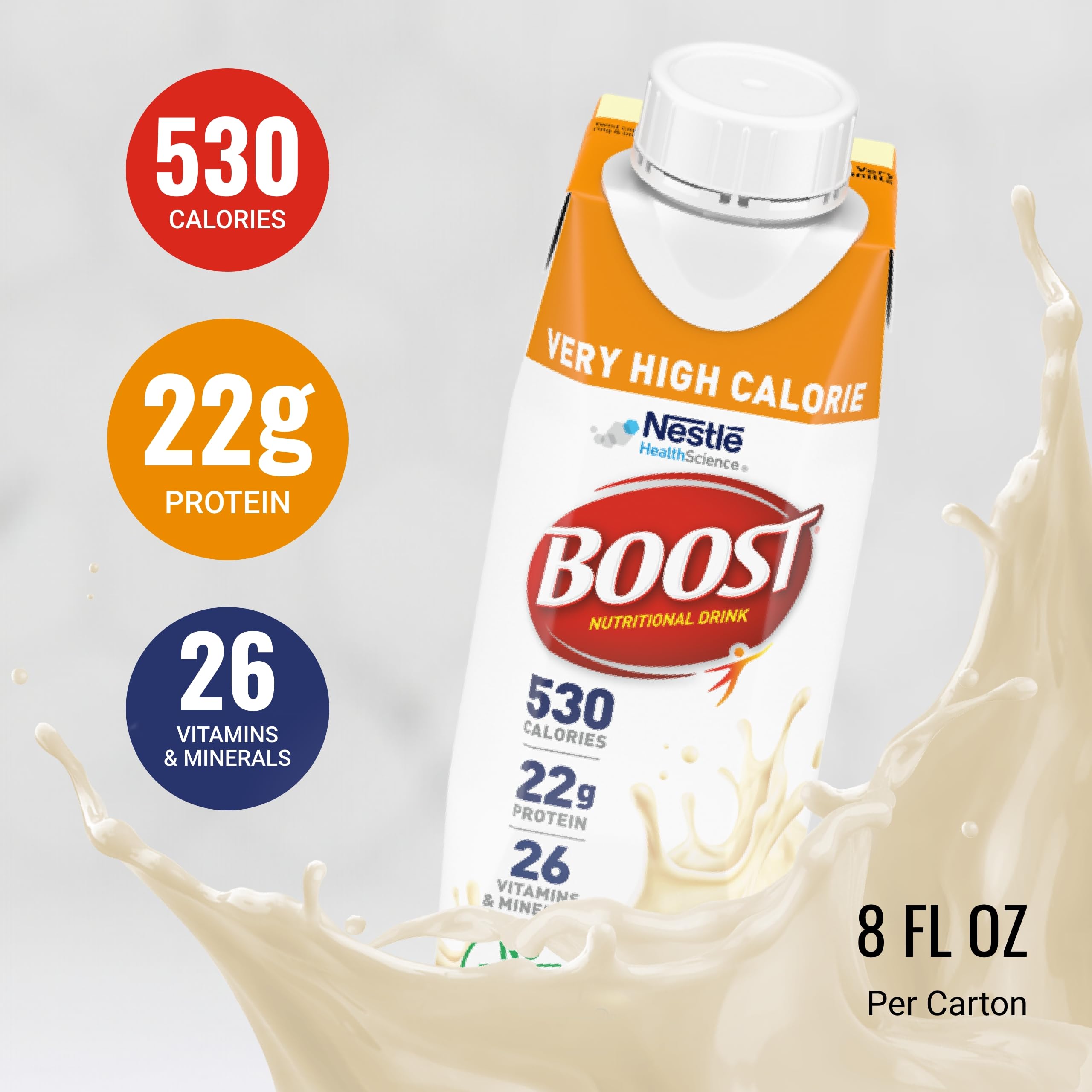 BOOST Very High Calorie Vanilla nutrition facts label emphasizes 530 calories per bottle