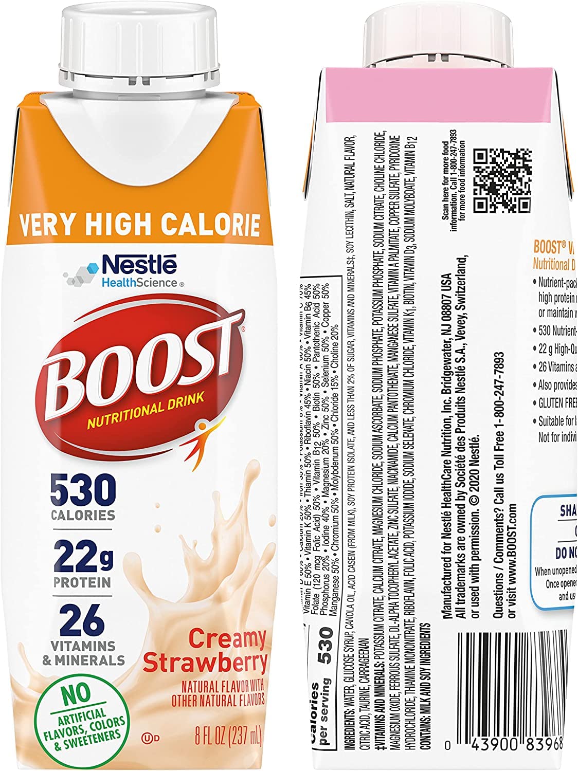 BOOST Very High Calorie bottles lined, ideal as a protein-dense snack.