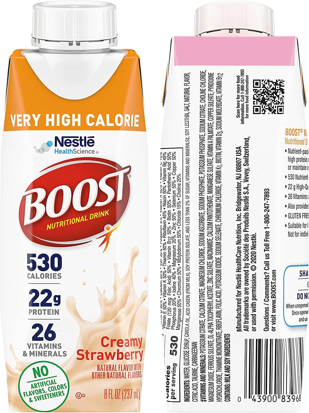 BOOST Very High Calorie bottles lined, ideal as a protein-dense snack.