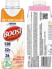 BOOST Very High Calorie bottles lined, ideal as a protein-dense snack.