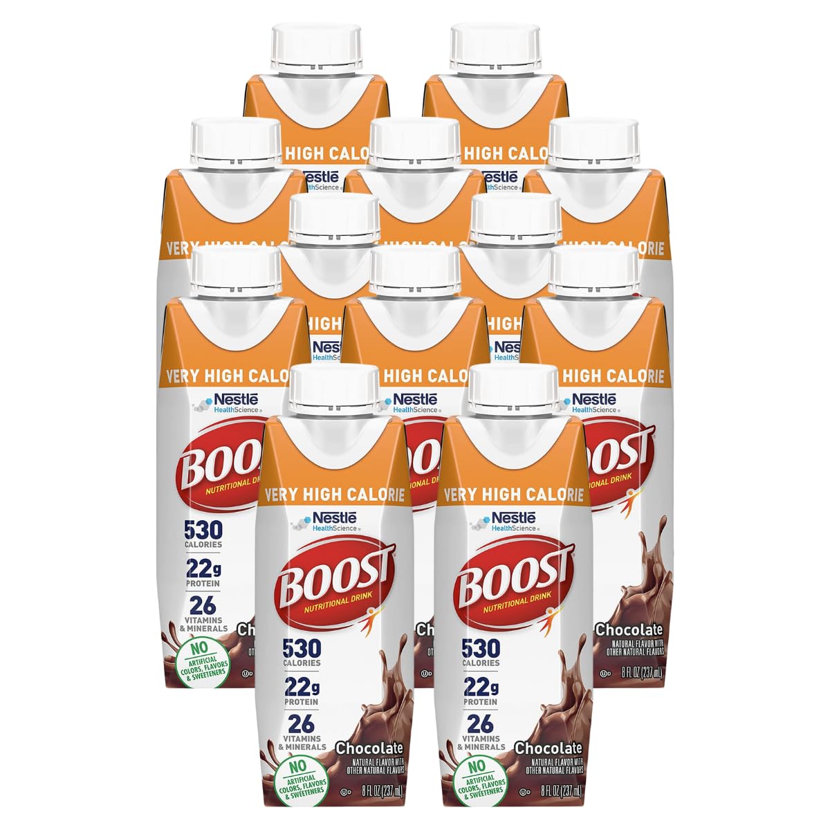 BOOST Very High Calorie chocolate bottle highlights energy-dense nutrition for busy days.