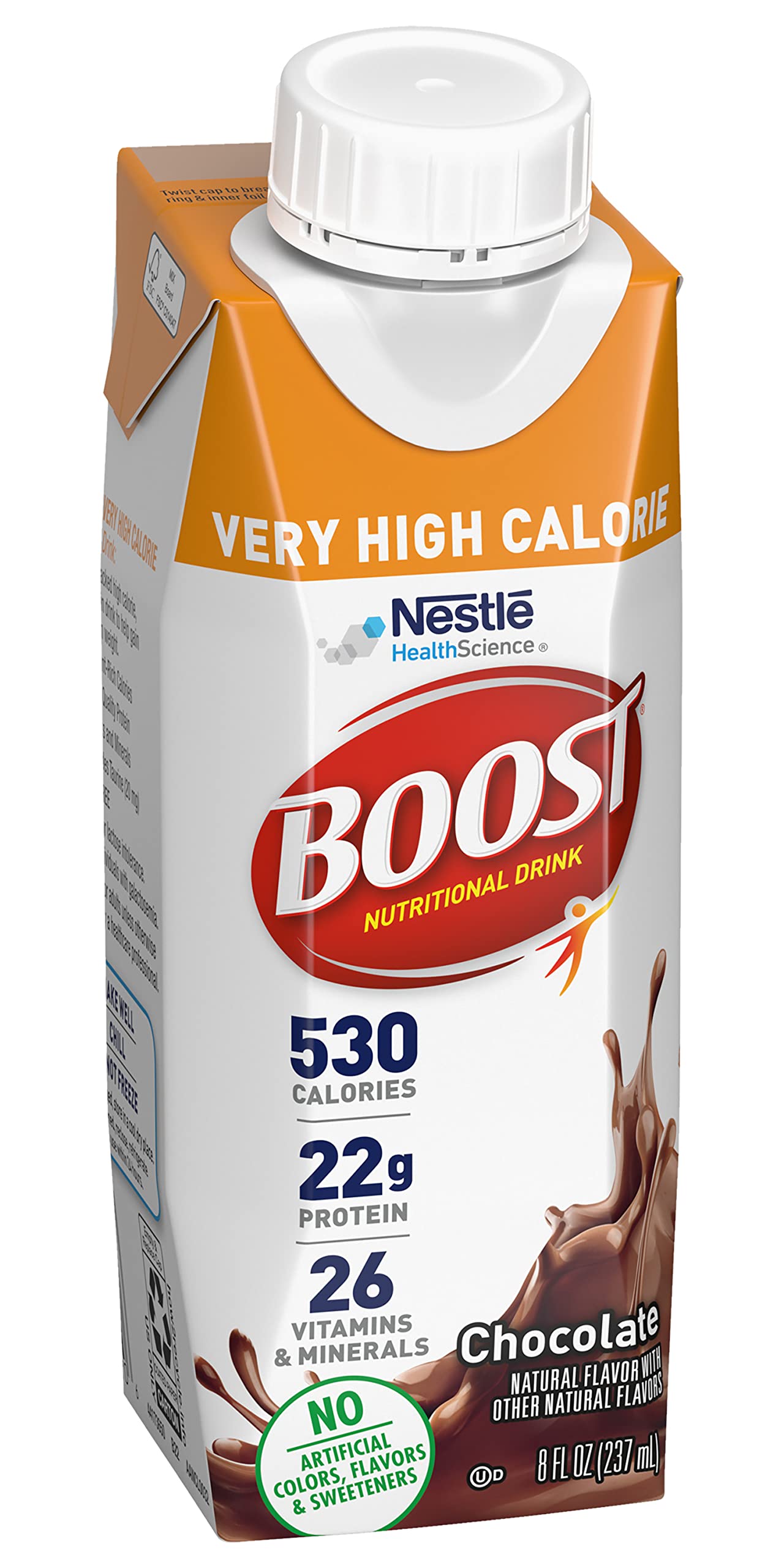BOOST Very High Calorie nutrition label highlights 530 calories per serving and 22 g protein.