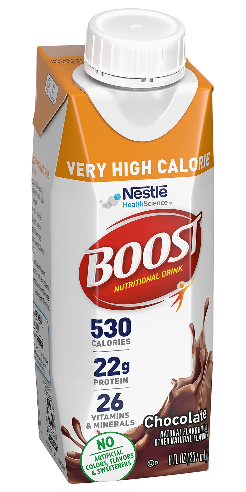 BOOST Very High Calorie nutrition label highlights 530 calories per serving and 22 g protein.