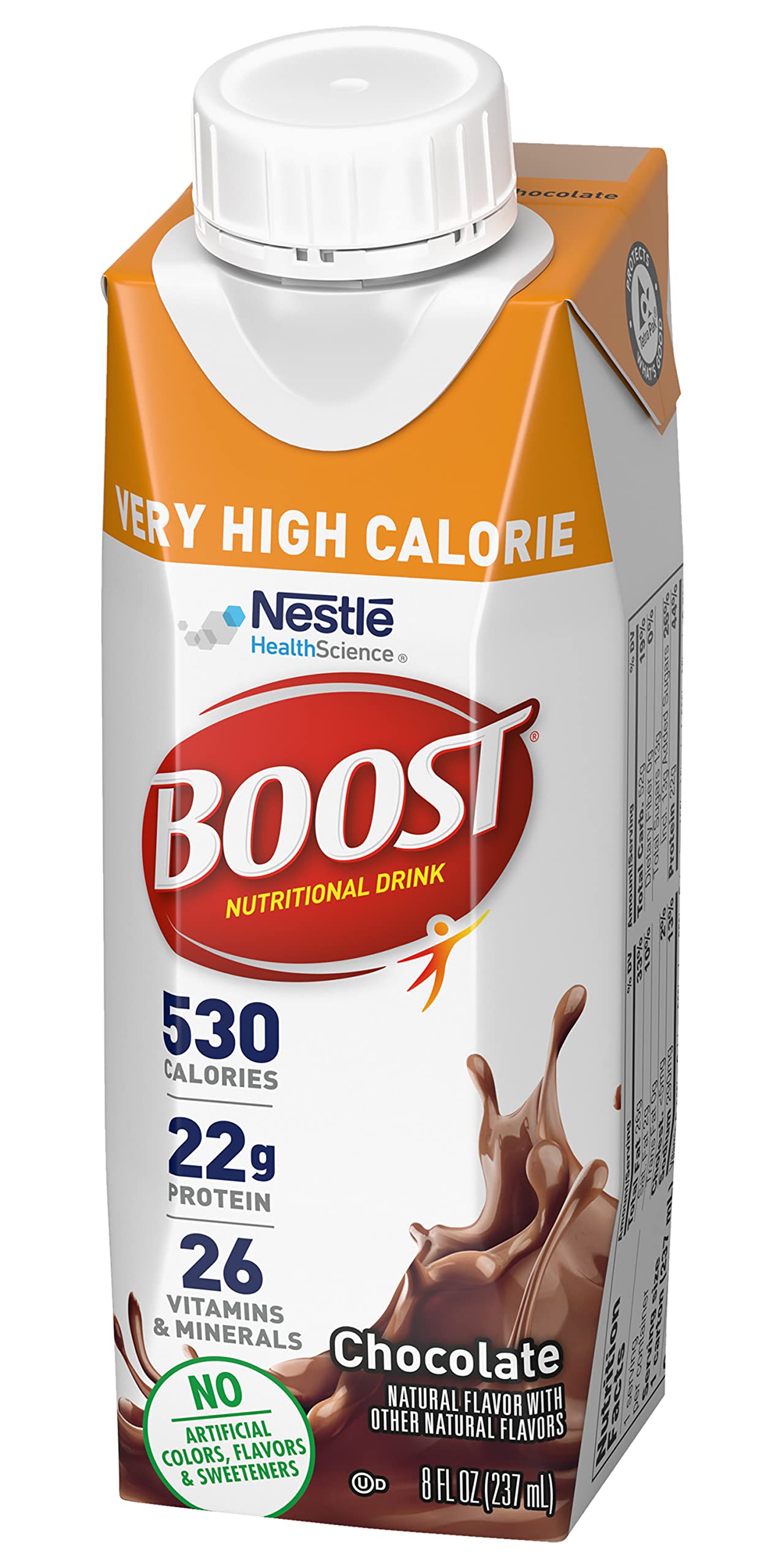 BOOST Very High Calorie packaging 12-count box emphasizes convenient nutrition on busy days.