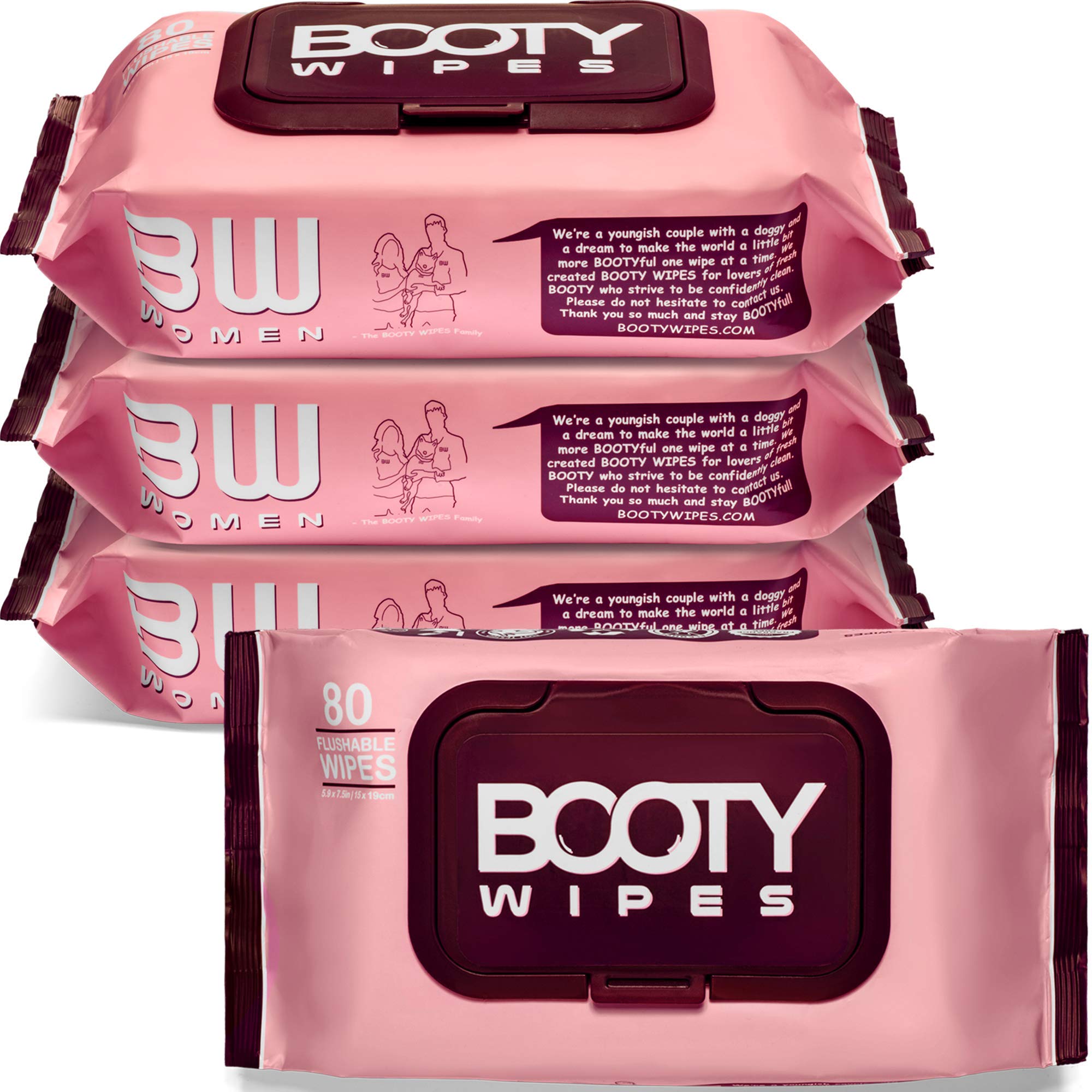BOOTY WIPES flushable 4x80 pack enables on-the-go freshness and discreet use.