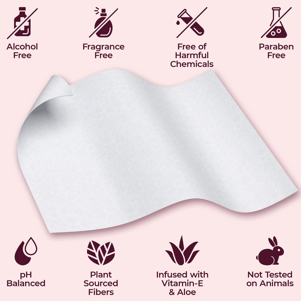 BOOTY WIPES with aloe and vitamin E soothe sensitive skin during cleansing.