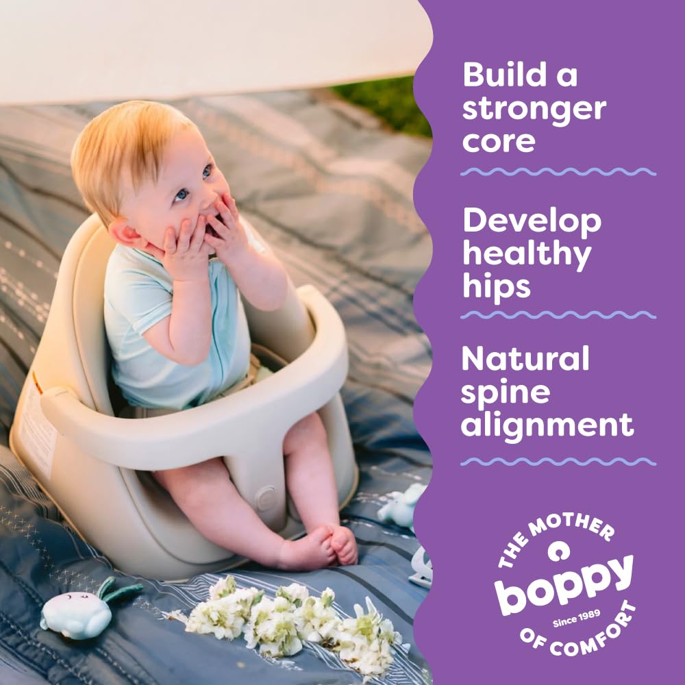 Dishwasher-safe tray on Boppy Proper Posture seat for easy feeding cleanup.