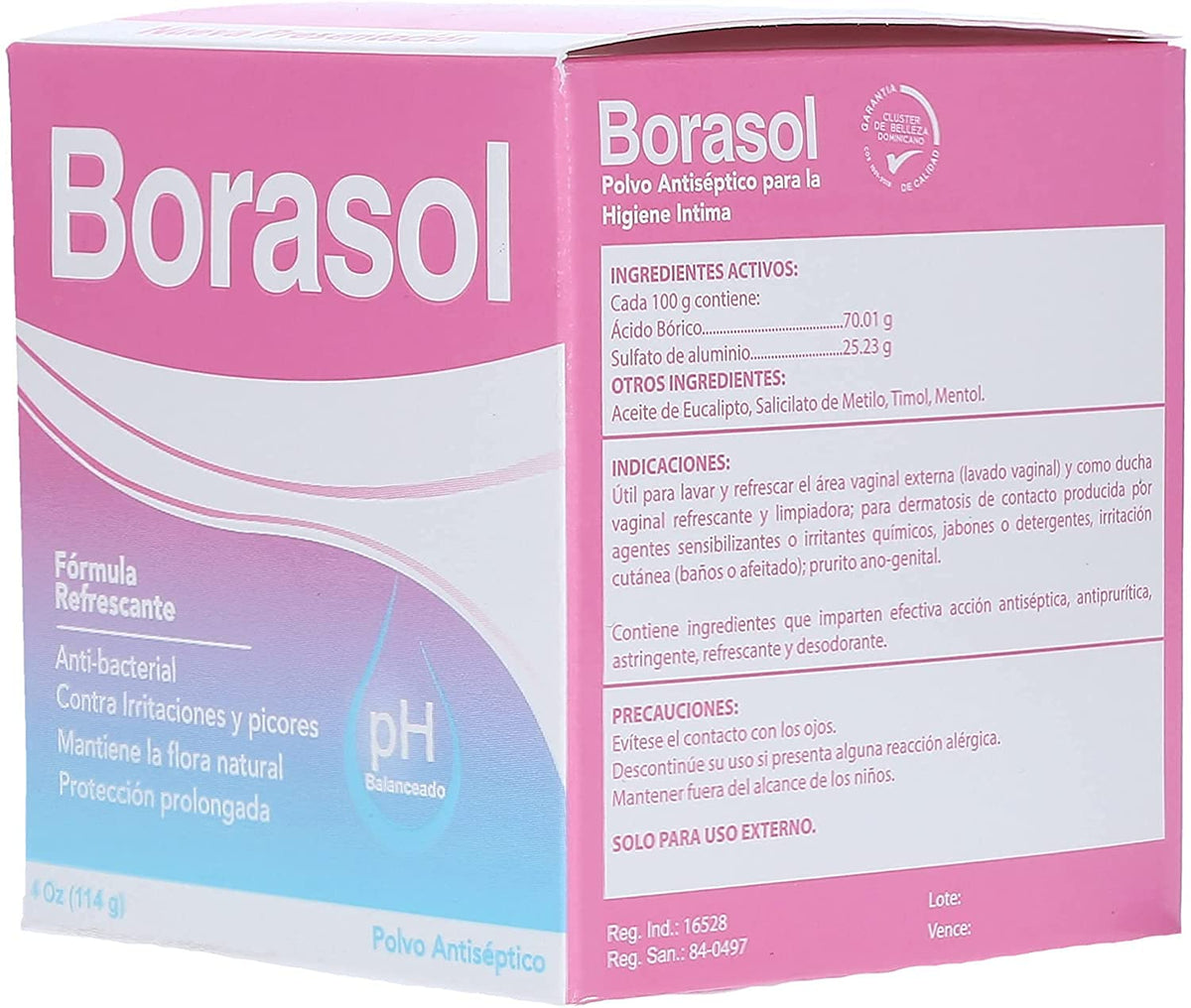 Borasol antiseptic powder bottle for refreshing intimate hygiene.