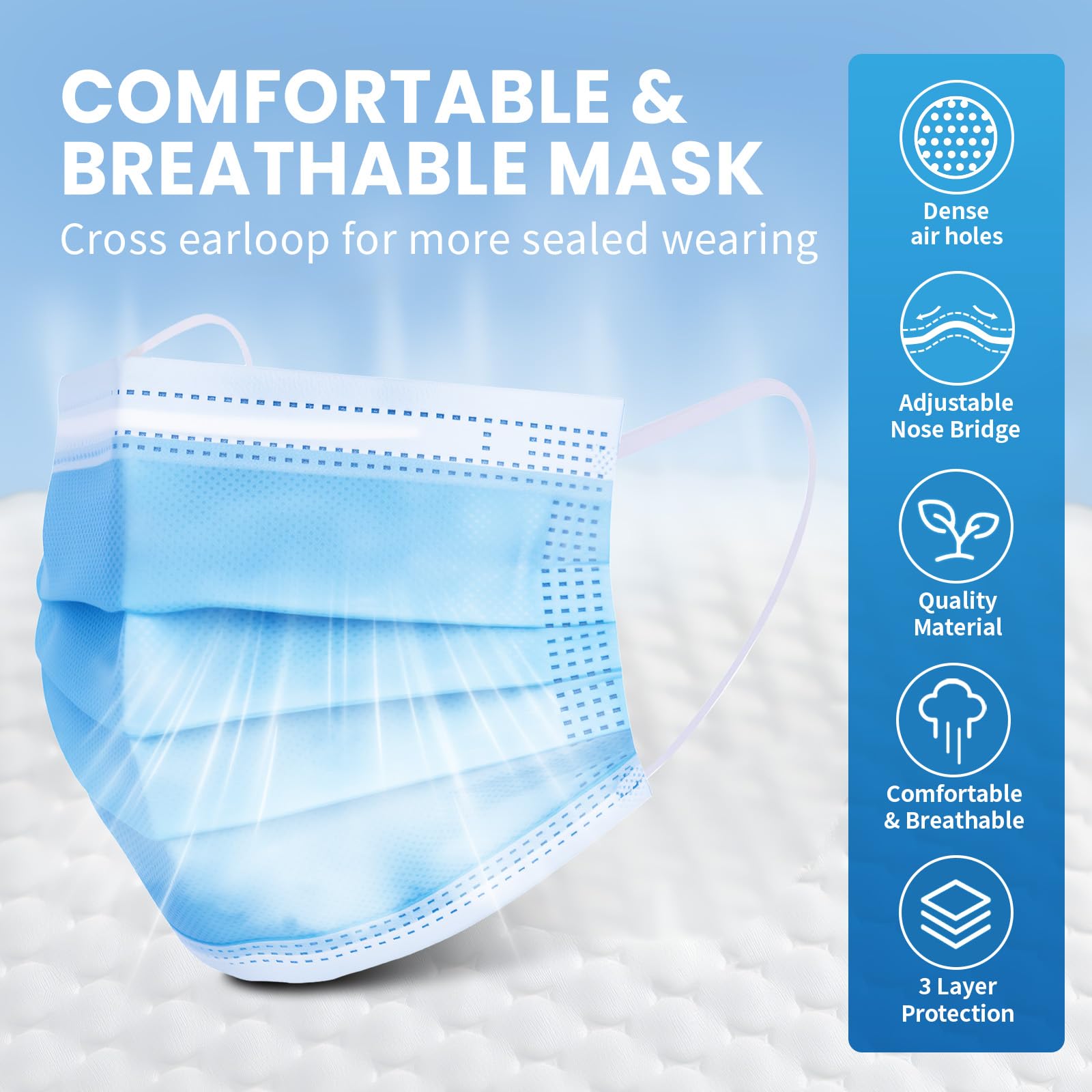 Compact 100-mask package for easy stocking at home or work.