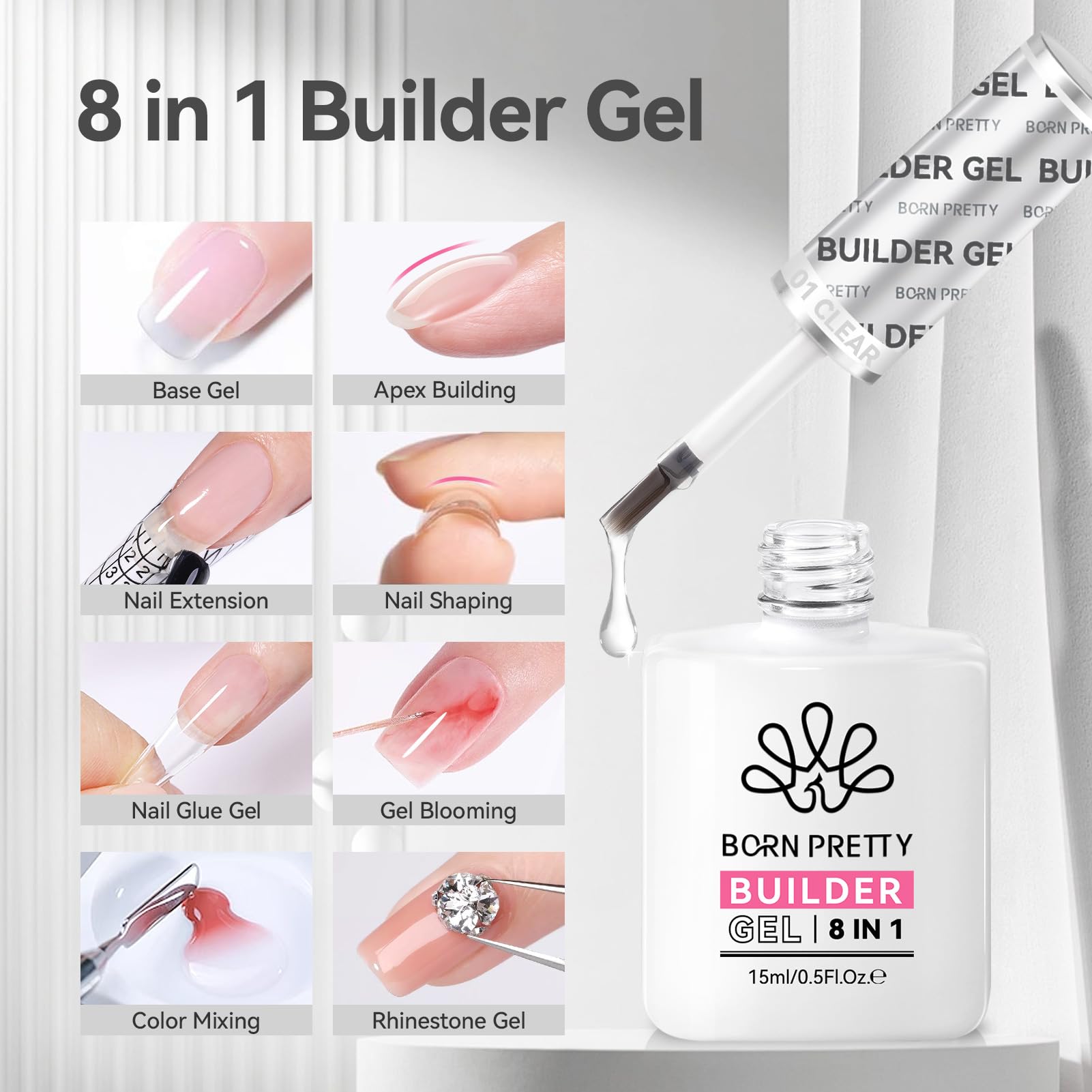 Born Pretty 8-in-1 apex-builder visual highlights structure for strong, shaped nails.