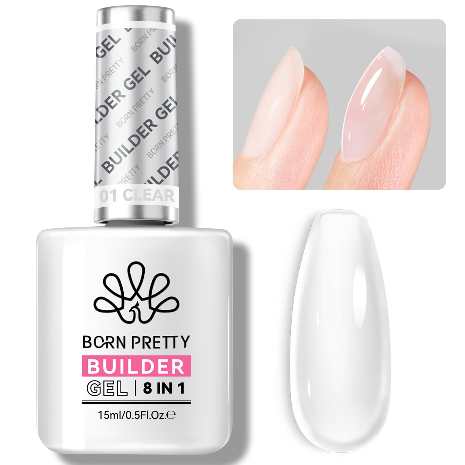 Born Pretty 8-in-1 clear bottle shows versatile base coat and extension options.