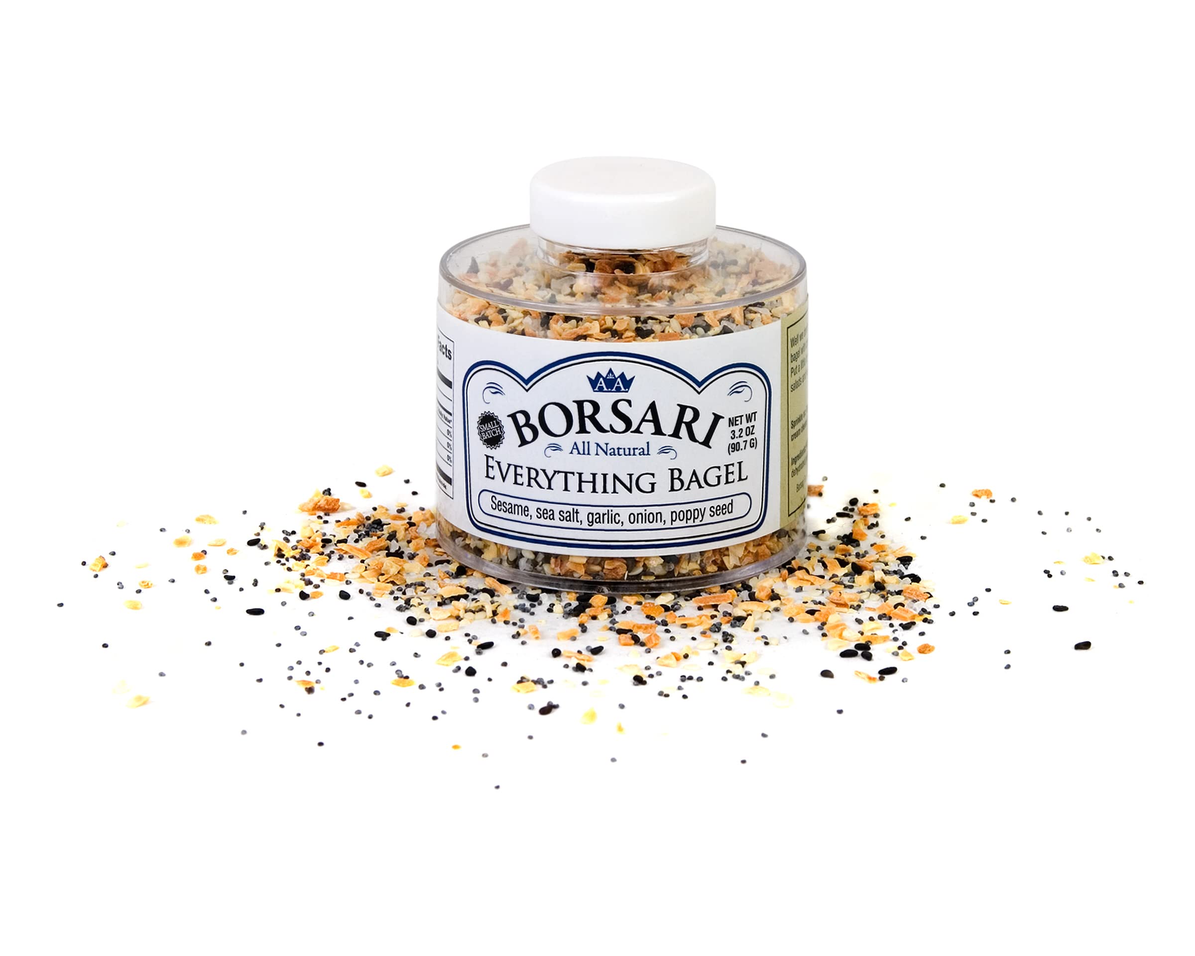 Borsari Everything Bagel Seasoning jar adds bold, gluten-free flavor to bagels and meals.