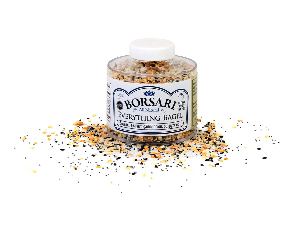 Borsari Everything Bagel Seasoning jar adds bold, gluten-free flavor to bagels and meals.