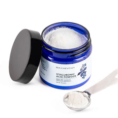 Bos Essentials Pure Hyaluronic Acid Powder bottle for DIY hydration in daily skincare
