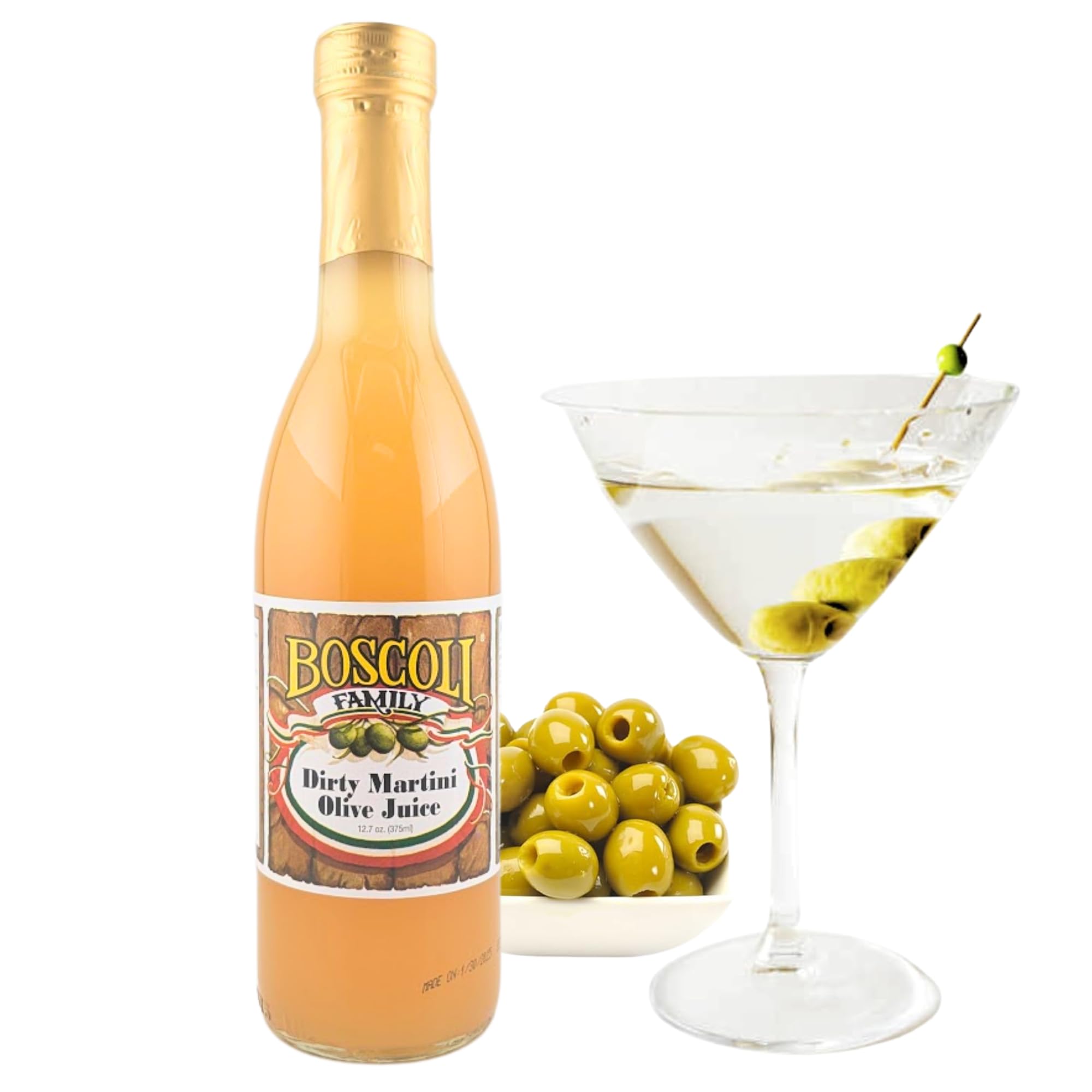 Boscoli bottle close-up—visible brine quality for authentic flavor in cocktails.