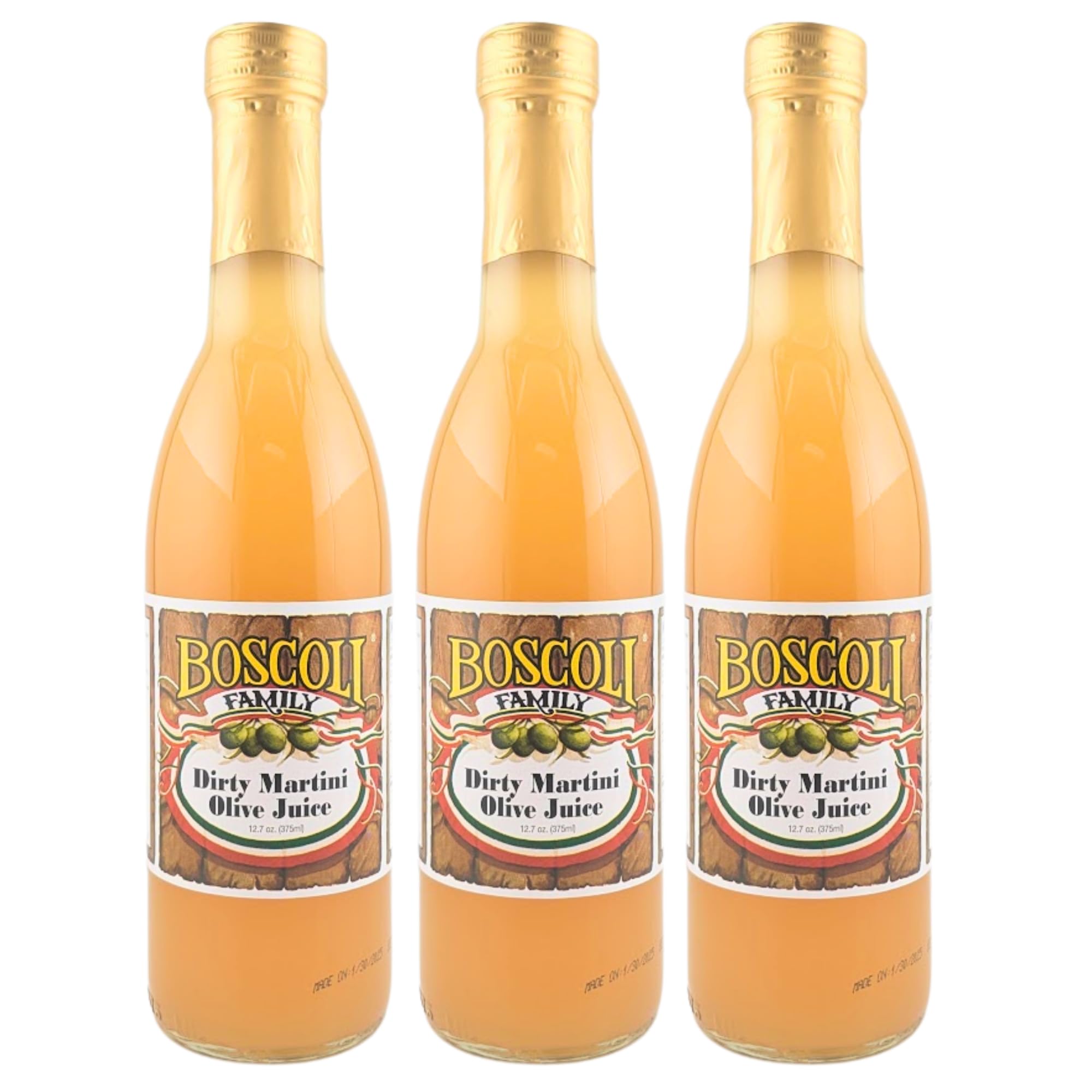 Boscoli Dirty Martini Olive Juice bottle—balanced brine for premium cocktails.