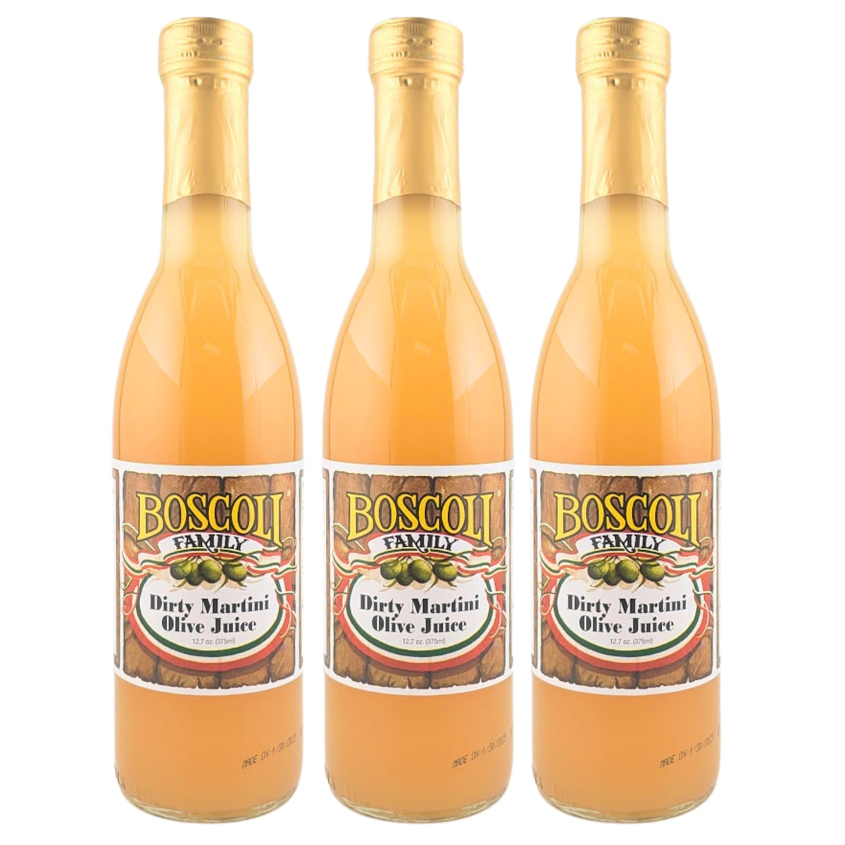 Boscoli Dirty Martini Olive Juice bottle—balanced brine for premium cocktails.