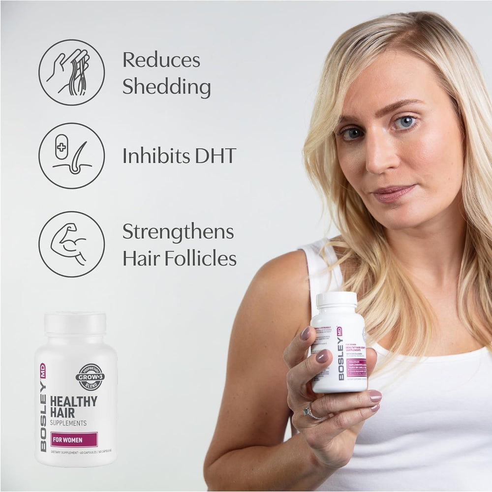 BosleyMD box display emphasizes vegan, sulfate-free formula for healthy hair.