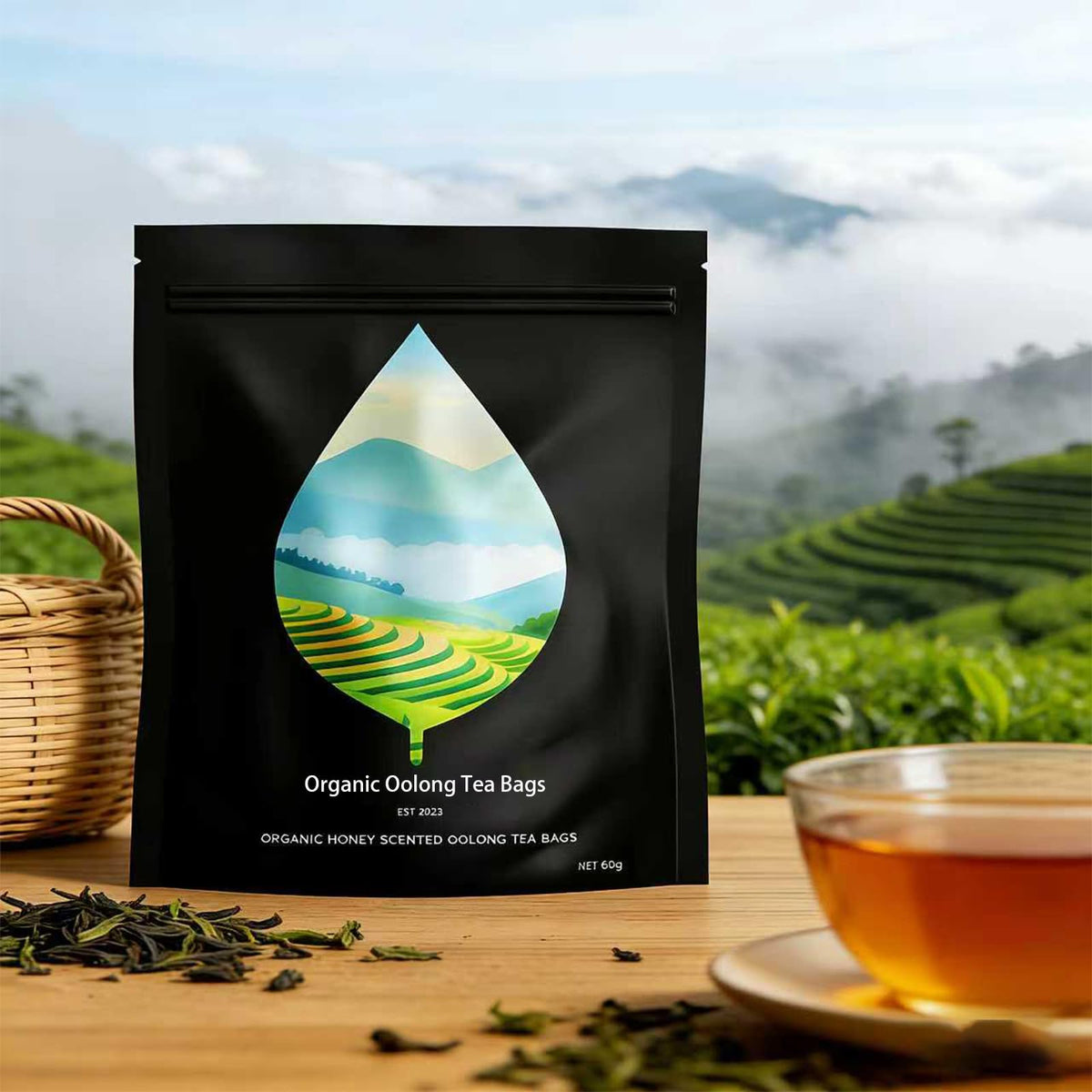 Bosteda Pipi Oolong tea bags box front, premium whole leaf blend for refined flavor.
