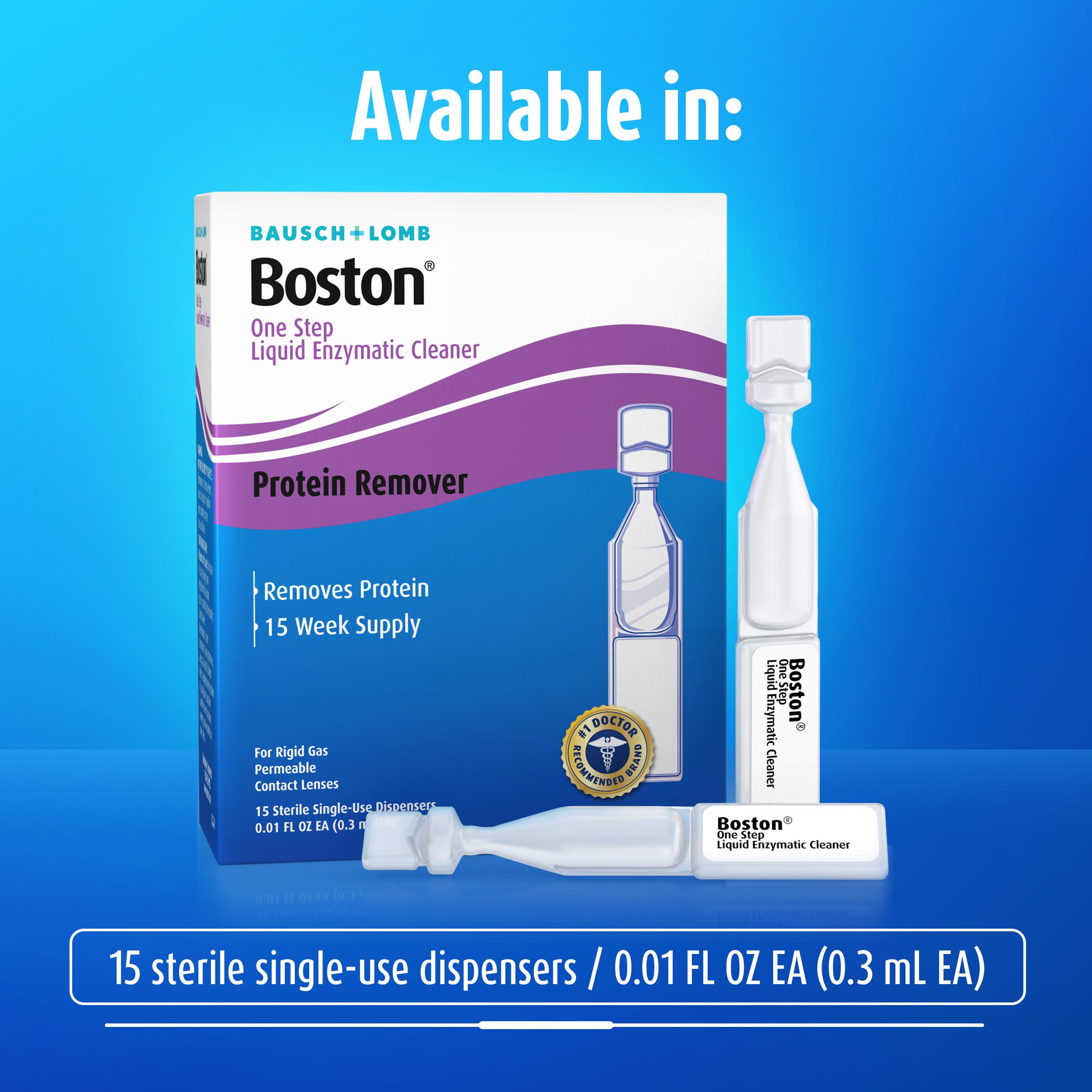 Protein removal focus with Boston One Step enzymatic cleaner for RGP lenses.