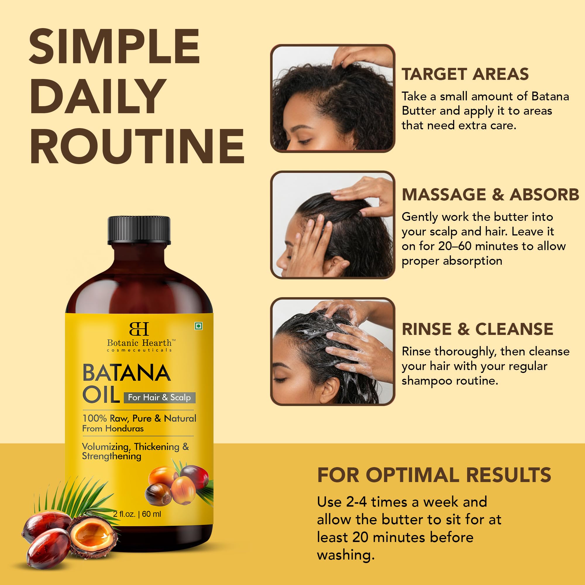 Apply Botanic Hearth Batana Oil to hair ends for nourishment and smoother texture