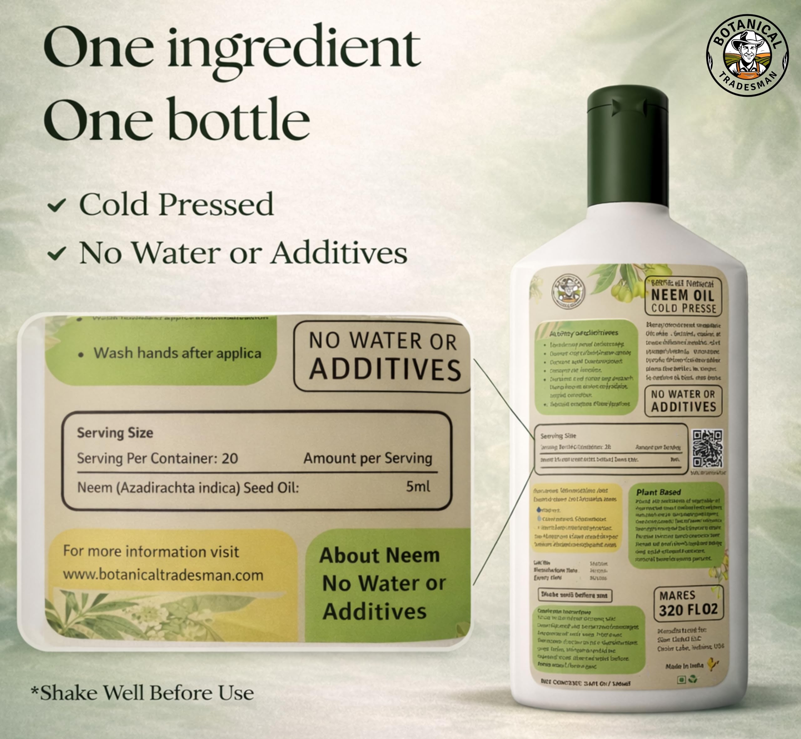 Botanical Tradesman Neem Oil Spray brand label close-up for packaging