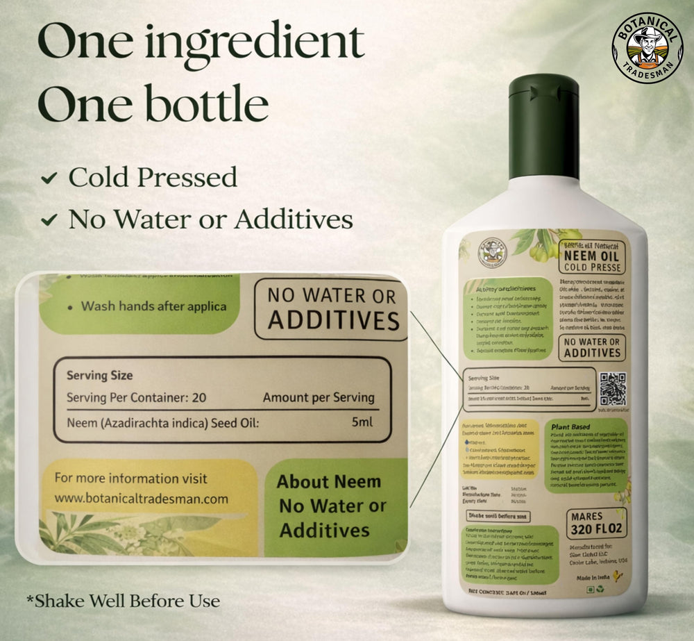 Botanical Tradesman Neem Oil Spray brand label close-up for packaging