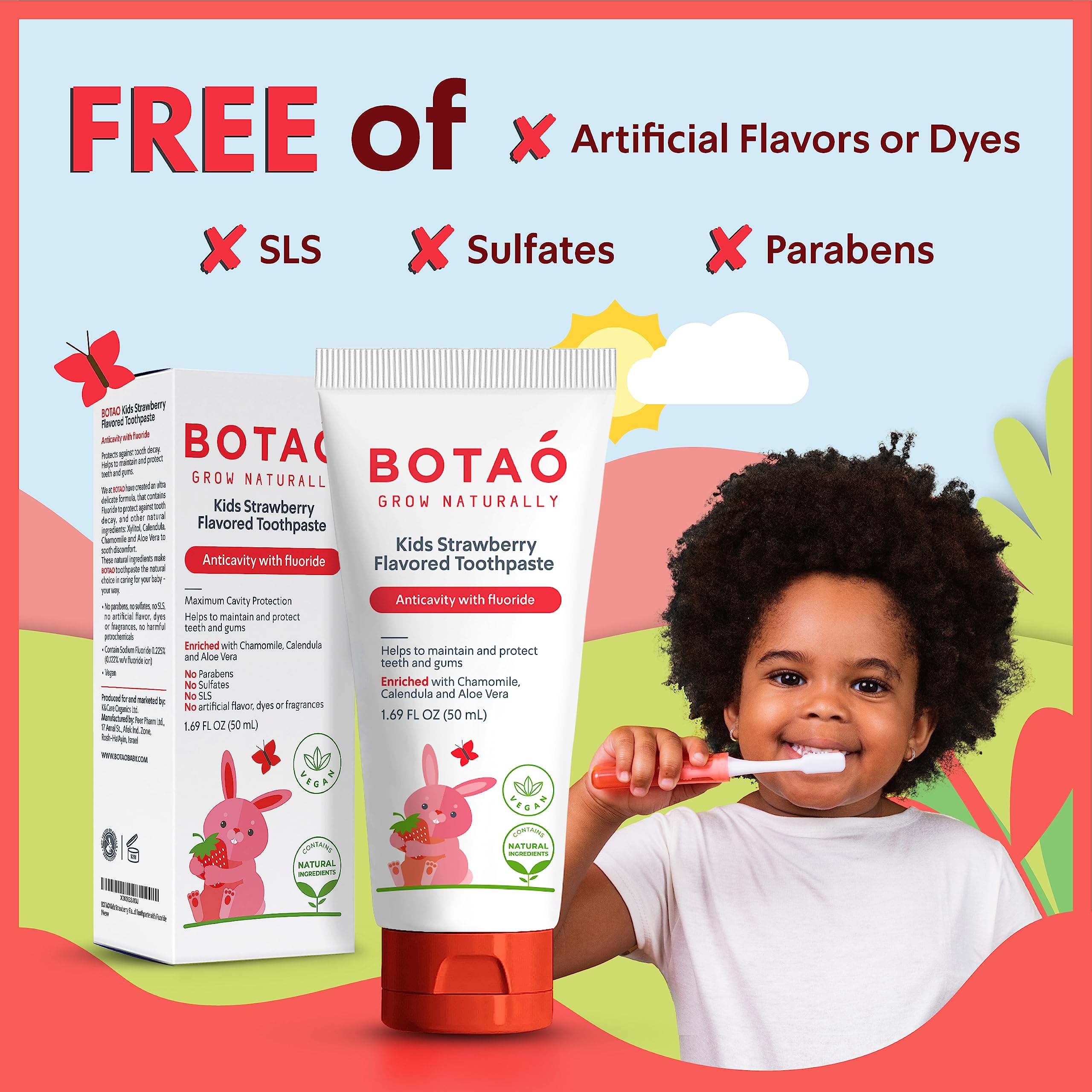 Botao Kids strawberry toothpaste packaging highlights natural ingredients