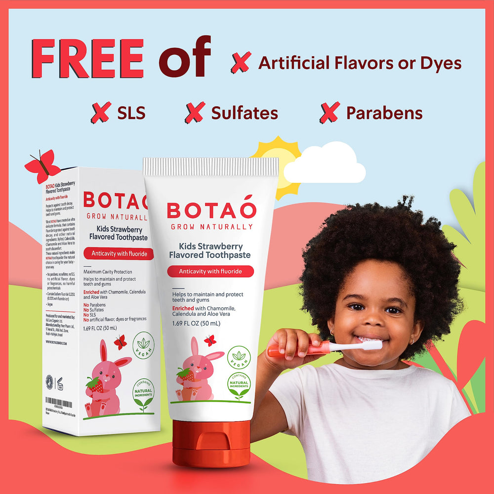 Botao Kids strawberry toothpaste packaging highlights natural ingredients
