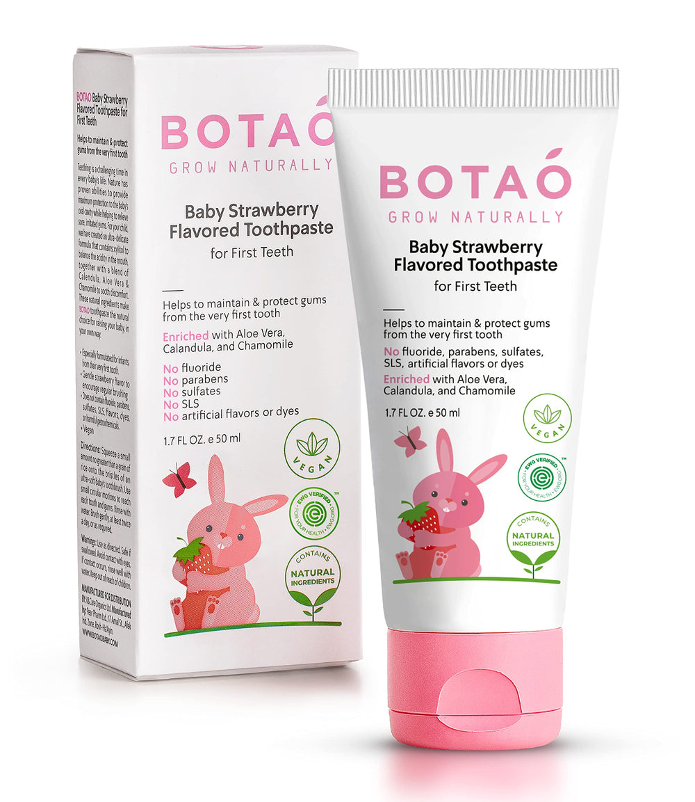 BOTAO strawberry-flavored toddler toothpaste encouraging enjoyable brushing.