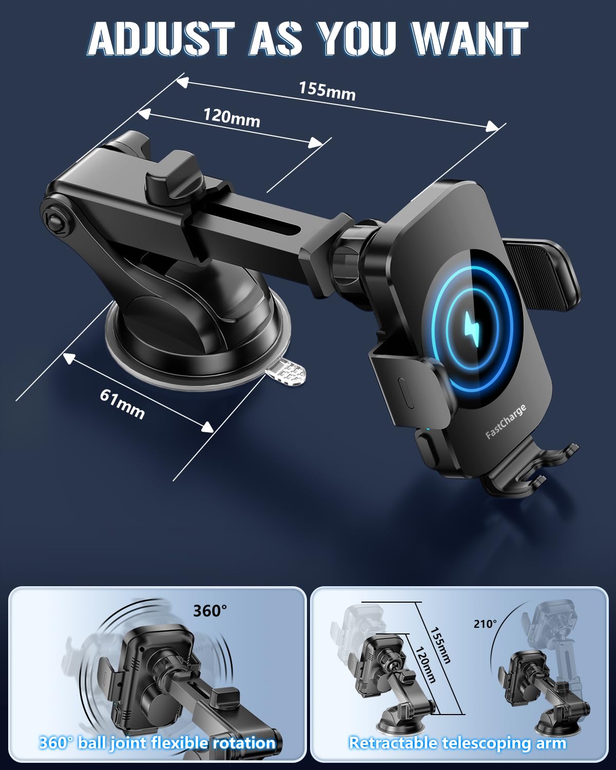 BothLin auto-clamp securely grips your phone for easy hands-free charging.