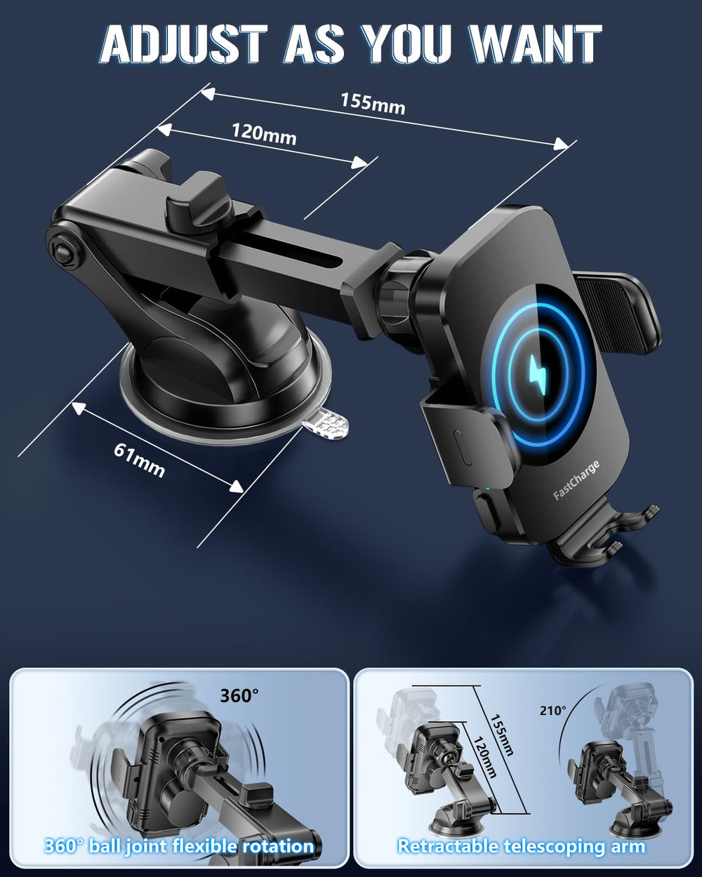 BothLin auto-clamp securely grips your phone for easy hands-free charging.