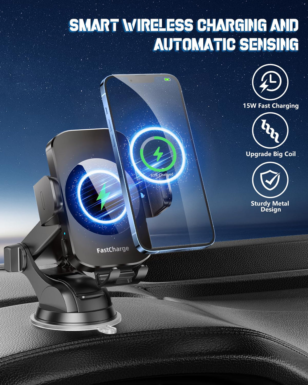 BothLin car charger with ultra-strong suction on windshield for secure mounting.