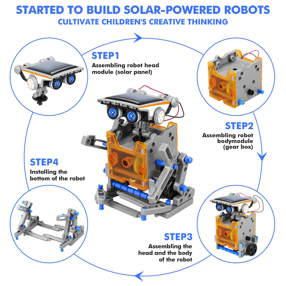 Bottleboom solar robot parts laid out for easy building and customization.