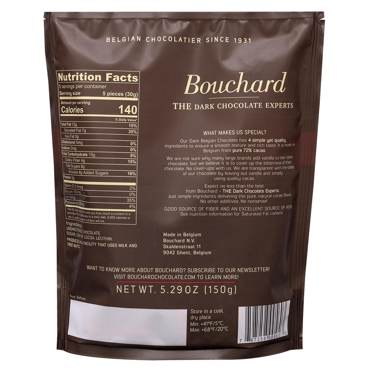 Bouchard dark chocolate bar close-up highlighting smooth melt and premium finish