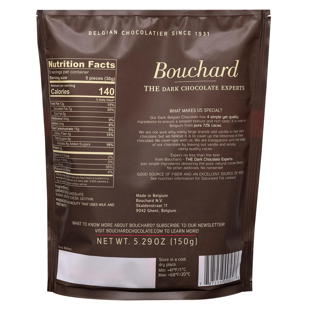 Bouchard dark chocolate bar close-up highlighting smooth melt and premium finish