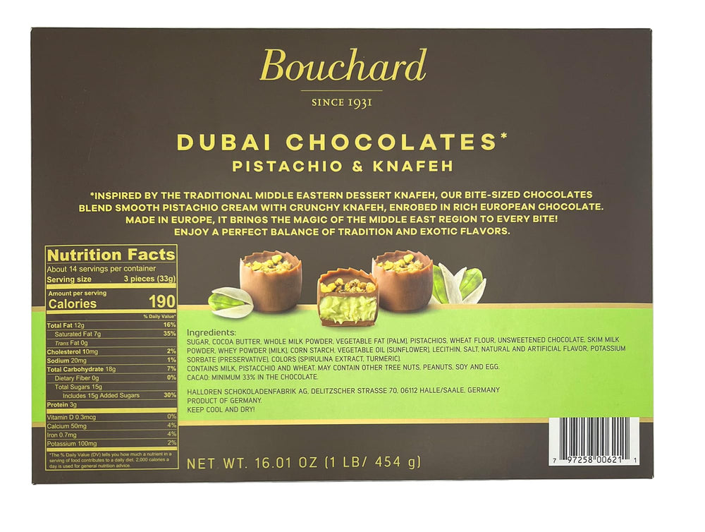 Bouchard Dubai Chocolates pistachio knafeh chocolate close-up, premium texture.