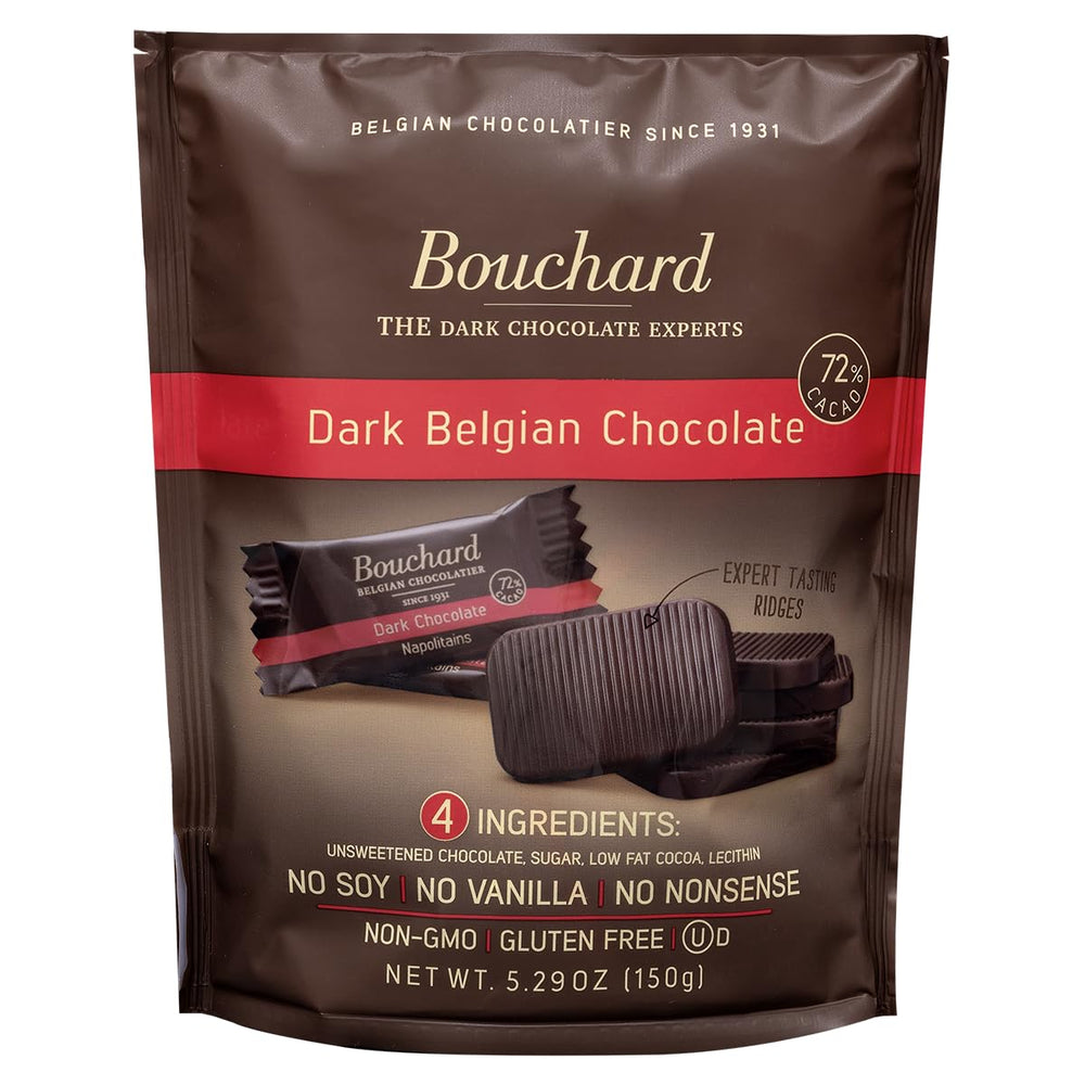 Bouchard premium Belgian dark chocolate bar showcasing 72% cacao and fiber on a wooden board