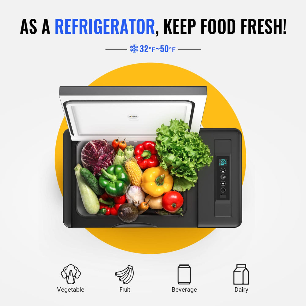 BougeRV CR28 dimensions highlight space-saving 30-quart capacity in a compact footprint.