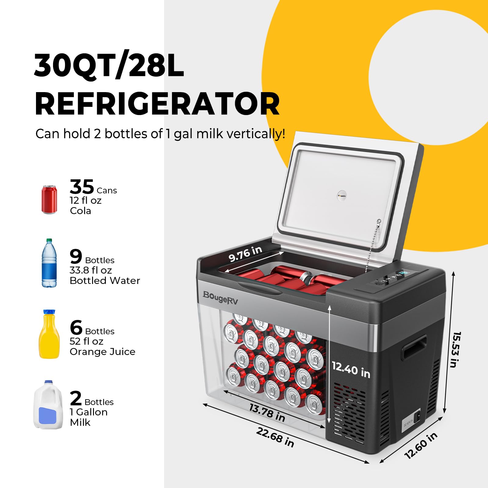BougeRV CR28 powered via 12V demonstrates on-the-road cooling for snacks.