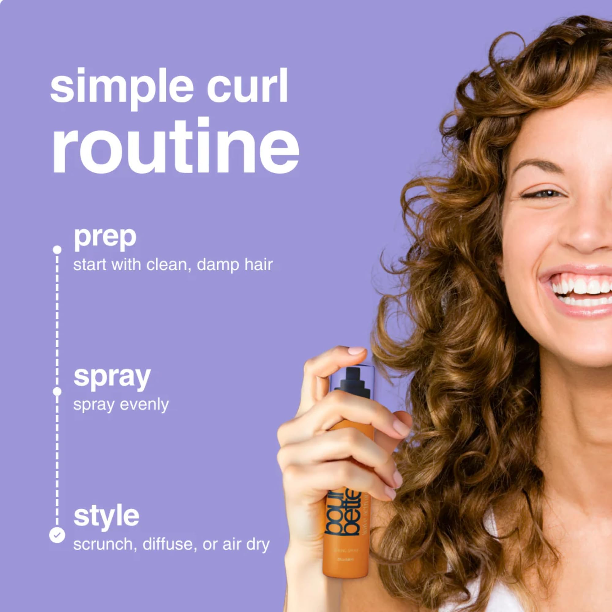 Bounce Style spray closeup demonstrates anti-frizz action for defined waves.