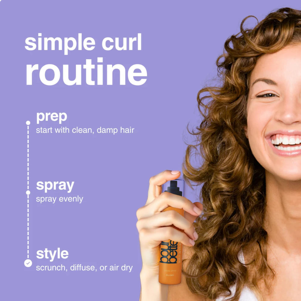 Bounce Style spray closeup demonstrates anti-frizz action for defined waves.