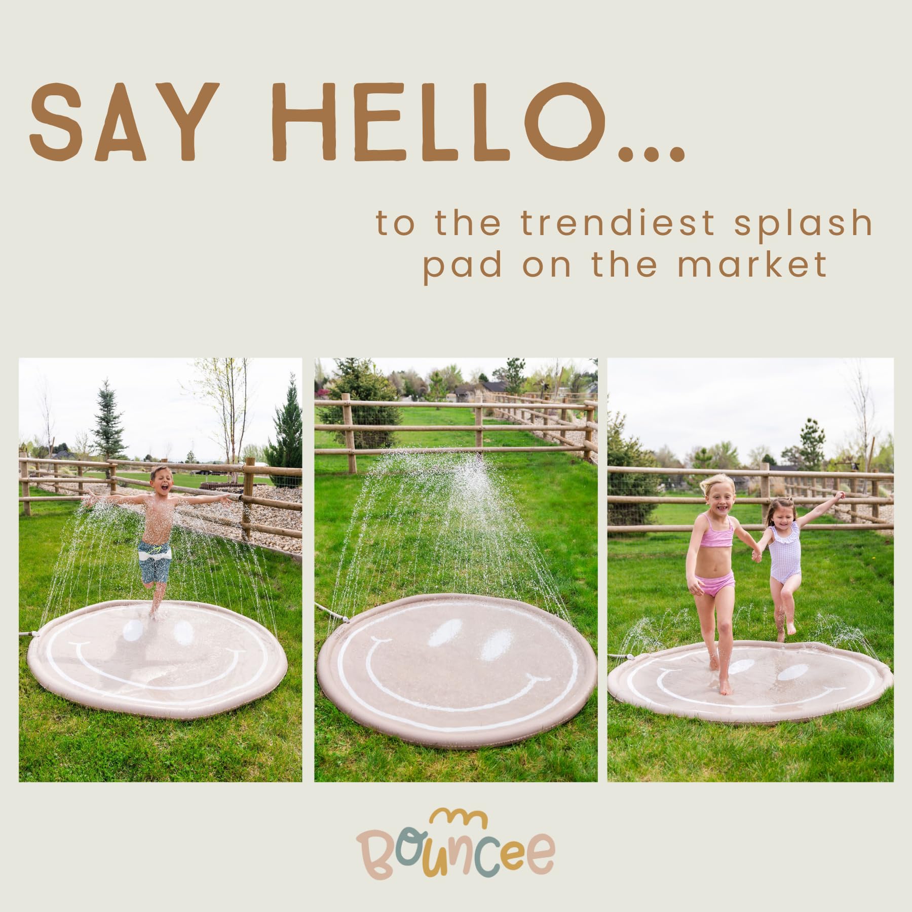 Bouncee splash pad 68-inch diameter offers a spacious area for running and splashing.