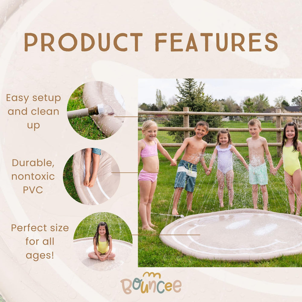 Bouncee splash pad with adjustable spray height supports kids of various ages.