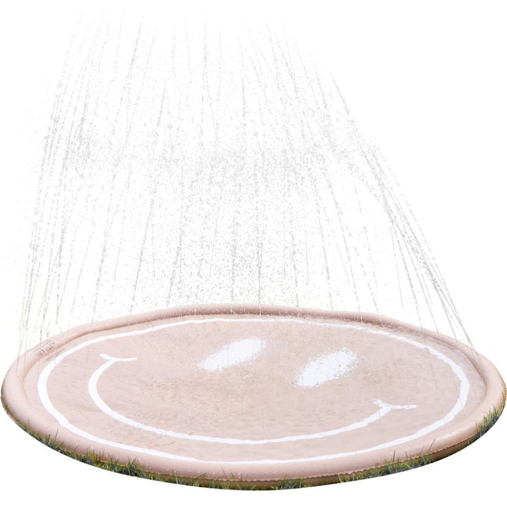 Bouncee Splash Pad with dog smiley face inviting safe outdoor play for kids.