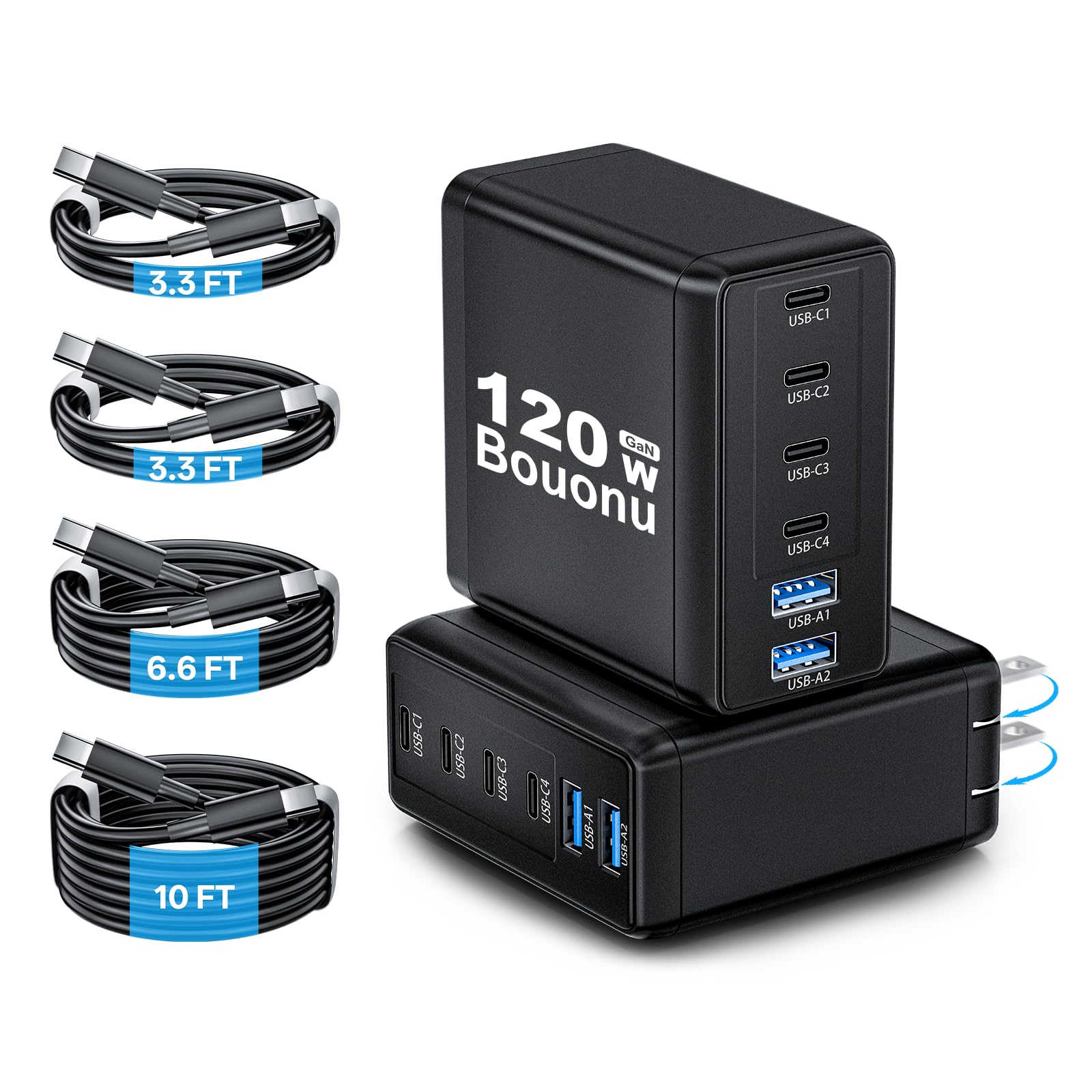 Bouonu 120W GaN USB-C charger block, front view, enables fast charging for several devices.