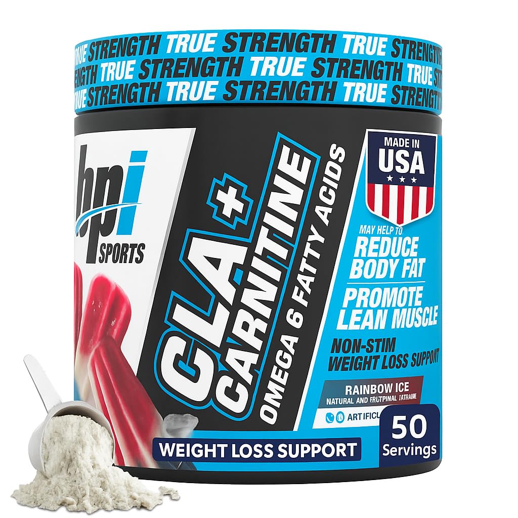 BPI Sports CLA+Carnitine bottle front shows non-stimulant fat metabolism support.
