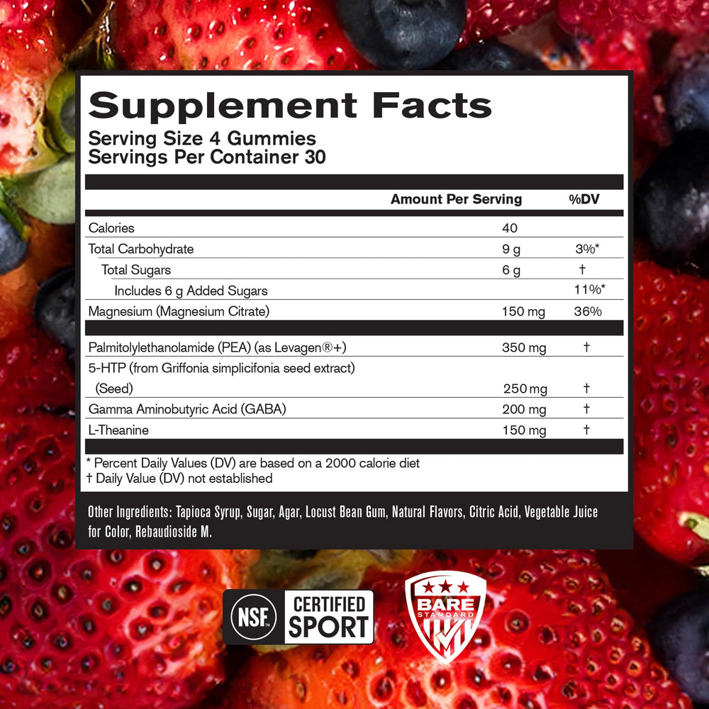 Serving of BPN Peak Sleep Gummy shows berry chewable form for nightly use.